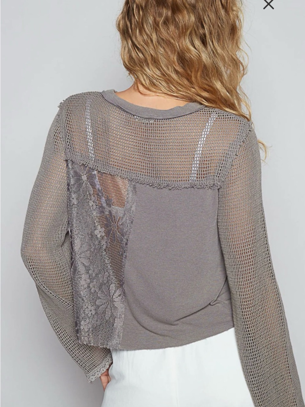 POL Crochet & Lace Patchwork Gray Long Sleeve Top - Picture 3 of 9